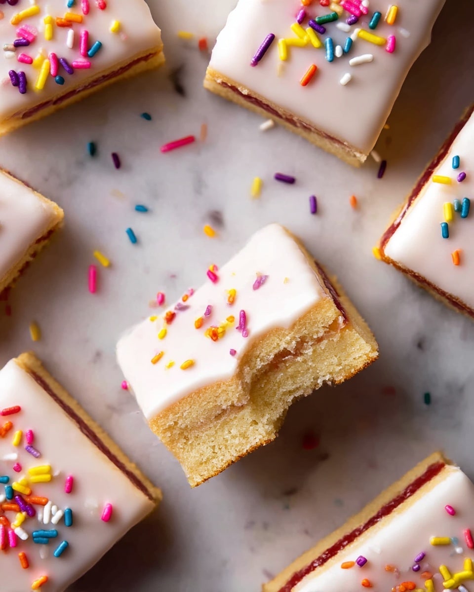 The image shows several rectangular snack cakes arranged on a white marbled surface. Each cake has three visible layers: a light yellow cake base, a middle layer of red jelly or jam, and a top layer covered with smooth white icing. The icing is decorated with colorful sprinkles in pink, yellow, blue, orange, purple, and white, scattered across the surface. One cake is partially bitten into, revealing the jelly filling clearly. The texture of the cake looks soft and fluffy, contrasting with the glossy icing and crunchy sprinkles. Photo taken with an iphone --ar 4:5 --v 7