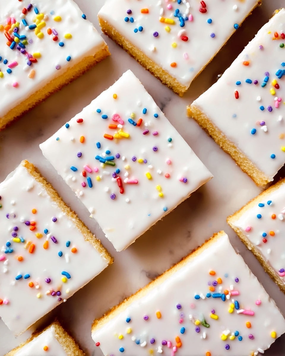 The image shows rectangular cake slices arranged close together on a white marbled surface. Each slice has two visible layers: a soft golden brown cake base and a smooth, thick white icing layer on top. The icing is glossy and slightly uneven, with colorful round-edged sprinkles scattered over it in blue, red, yellow, orange, purple, and white. The sprinkles add a playful, textured look to each slice. photo taken with an iphone --ar 4:5 --v 7