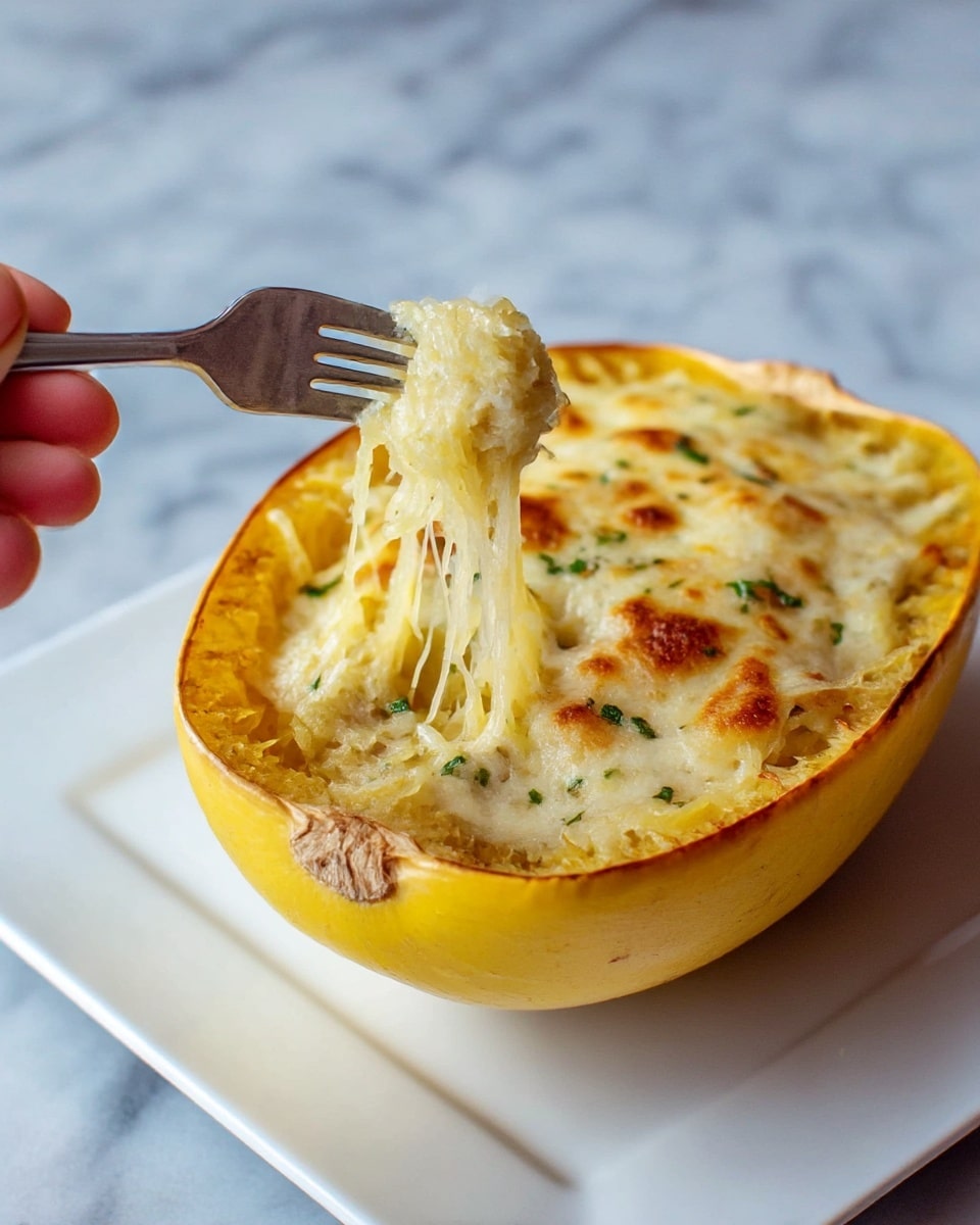 A halved yellow spaghetti squash acts as a natural bowl, filled with soft, tender squash strands that are covered by a golden-browned, bubbly, melted cheese layer. The cheese is creamy white with spots of deep amber from baking, and it stretches as a silver fork lifts a portion of the cheesy squash from the center of the squash half. This squash bowl sits on a white marbled surface, and the focus is on the rich, gooey texture of the cheese and the fibrous strands inside the squash. photo taken with an iphone --ar 4:5 --v 7