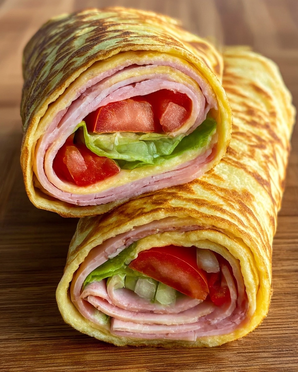 Two rolled crepes stacked on a wooden surface. Each crepe is golden brown with a soft, slightly crispy texture. Inside the crepes are multiple layers, starting with thin, light pink slices of ham, followed by fresh red tomato slices, green lettuce, and small bits of white onion. The filling is tightly wrapped by the crepe, showing a colorful and textured cross-section. photo taken with an iphone --ar 4:5 --v 7