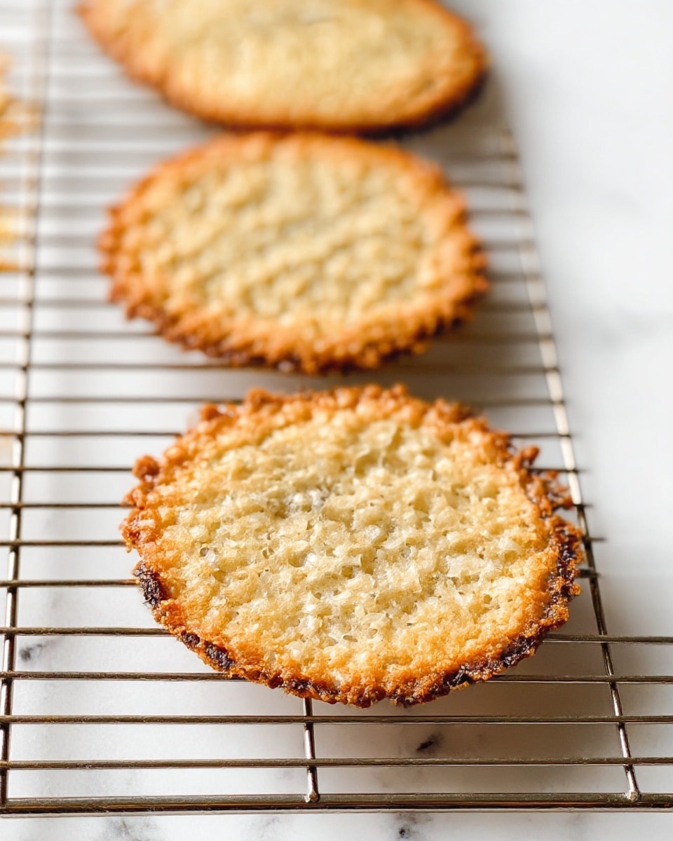 The image shows a close-up view of thin, round cookies with a golden brown color cooling on a metal rack. Each cookie has a lacy, crunchy texture with slightly darker, crisp edges and a lighter, bubbly center. The cookies are arranged in a line on the rack, which is placed on a white marbled surface. The focus is on the front cookie, with the others gradually fading softly into the background. The lighting highlights the crispiness and texture of the cookies. photo taken with an iphone --ar 4:5 --v 7