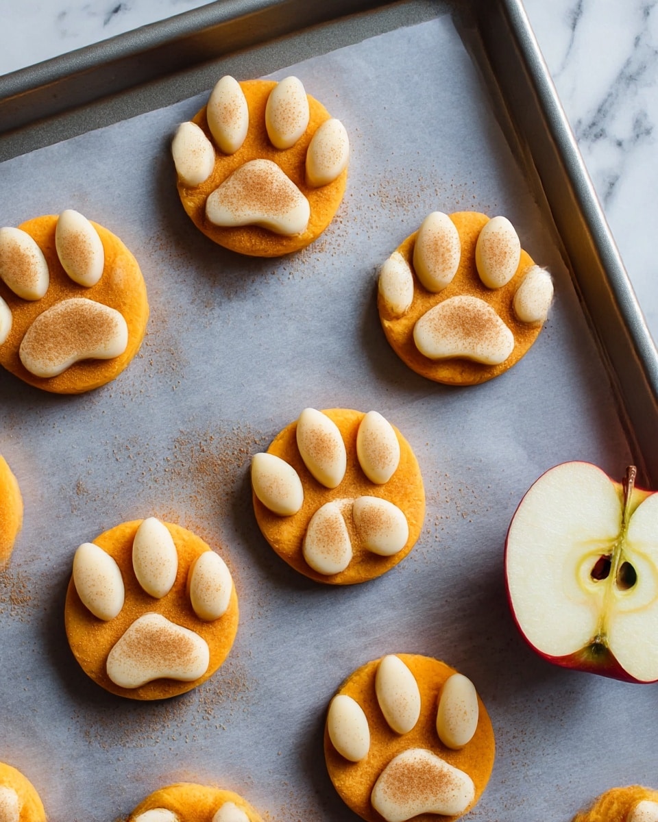 The image shows round orange bases topped with paw-shaped pieces in a light cream color, arranged like animal paw prints. Each paw print has one large ‘pad’ piece in the center bottom and four smaller oval pieces positioned above it as toes, slightly dusted with a light brown powder. These paw treats are placed on a sheet of gray baking paper over a baking tray. To the right, there is one half of a red apple showing the white inside and seeds. The whole setup lies on a white marbled surface. photo taken with an iphone --ar 4:5 --v 7