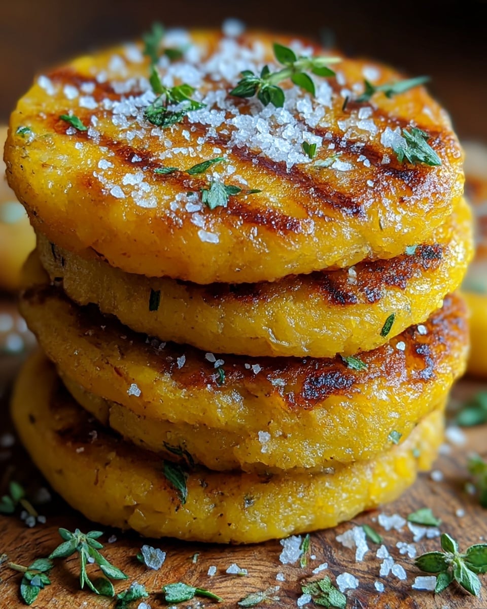 A close-up view of a stack of four round, golden-yellow patties with a crispy surface and some darker grill marks. The top patty is sprinkled with coarse white salt crystals and small green herb leaves. The edges of the patties show a slightly rough texture. The stack sits on a wooden surface with scattered salt and herb leaves around it. photo taken with an iphone --ar 4:5 --v 7