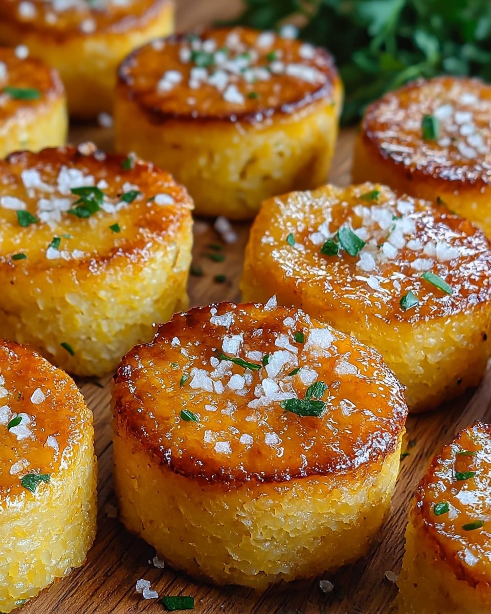 A close-up of small round cakes made from a yellow grain base, each about two layers thick with a slightly crispy, golden-brown top layer that looks caramelized. The cakes are sprinkled with coarse white salt crystals and small green herb pieces on top. They are arranged closely together on a wooden surface with a blurred green herb background. The texture of the sides shows the grainy makeup of the cakes, while the tops shine with a light glaze. photo taken with an iphone --ar 4:5 --v 7