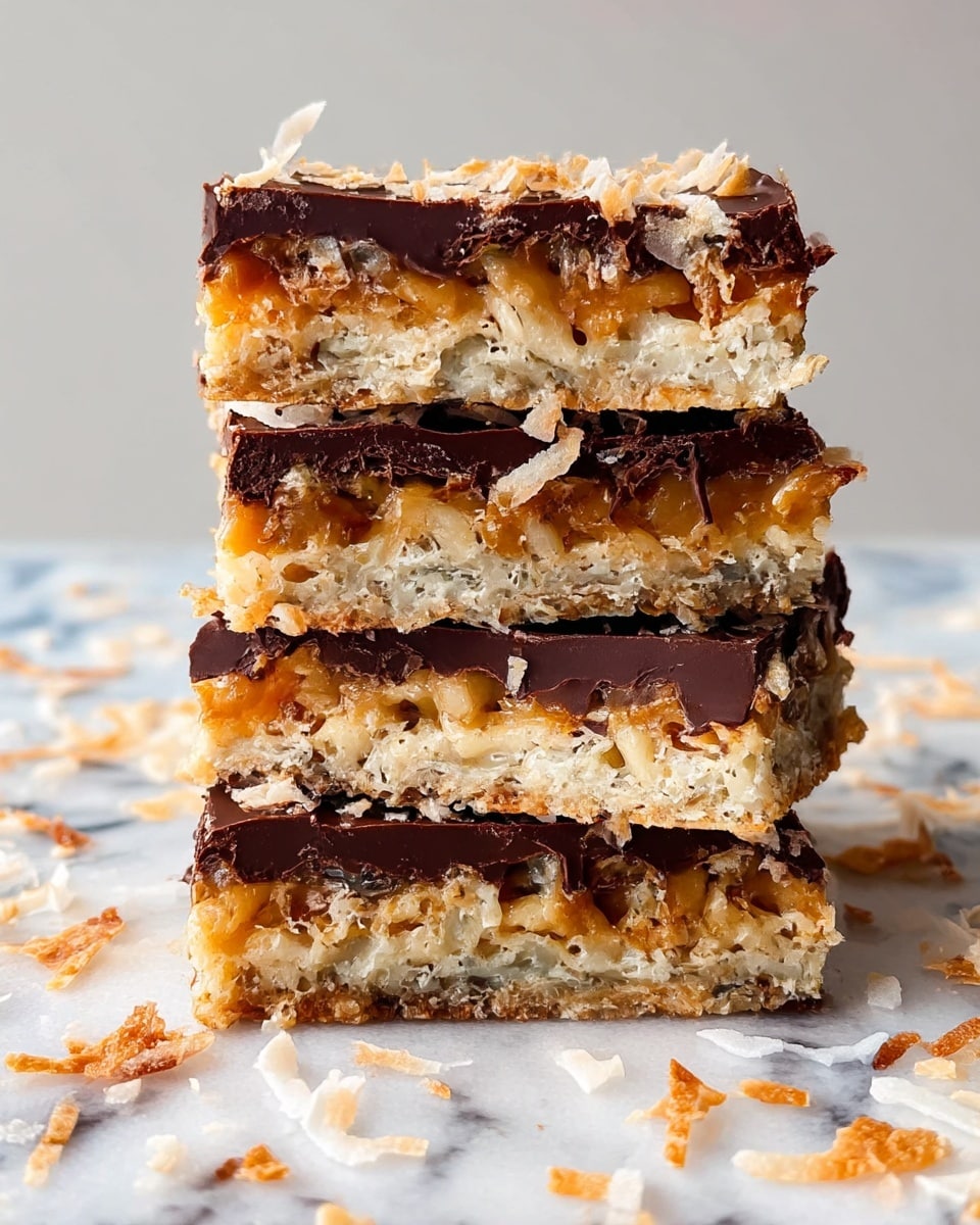 The image shows a stack of three rich layered dessert bars placed on a white marbled surface, with some toasted coconut flakes scattered around. Each bar has three visible layers: the bottom and middle layers are a mix of golden, chewy caramel and light tan crispy rice pieces, creating a textured, sticky look; the top layer is smooth, dark chocolate with bits of toasted coconut embedded, giving it a rough, crunchy finish. The bars are cut thickly, and the layers are uneven but distinct, showing a mix of soft and crunchy textures. Photo taken with an iphone --ar 4:5 --v 7