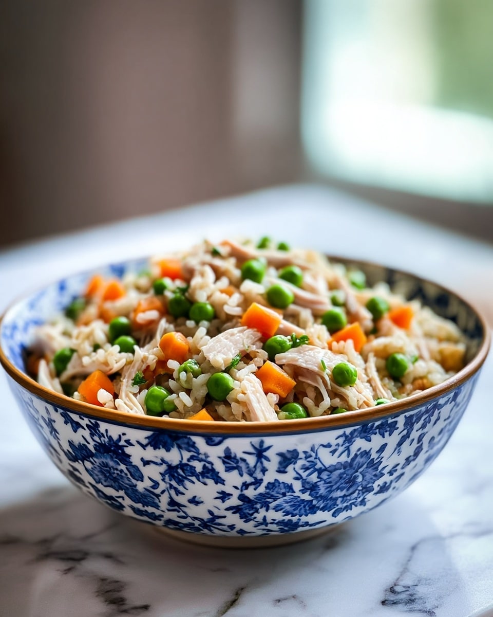 A bowl with a blue and white floral pattern is filled with a mix of cooked rice, shredded light brown chicken pieces, bright green peas, and small orange carrot chunks. The dish looks soft and colorful with the pieces evenly mixed, showing a balance of white rice grains and colorful vegetables. The bowl is placed on a white marbled surface with a blurry background showing soft light and unfocused shapes. photo taken with an iphone --ar 4:5 --v 7