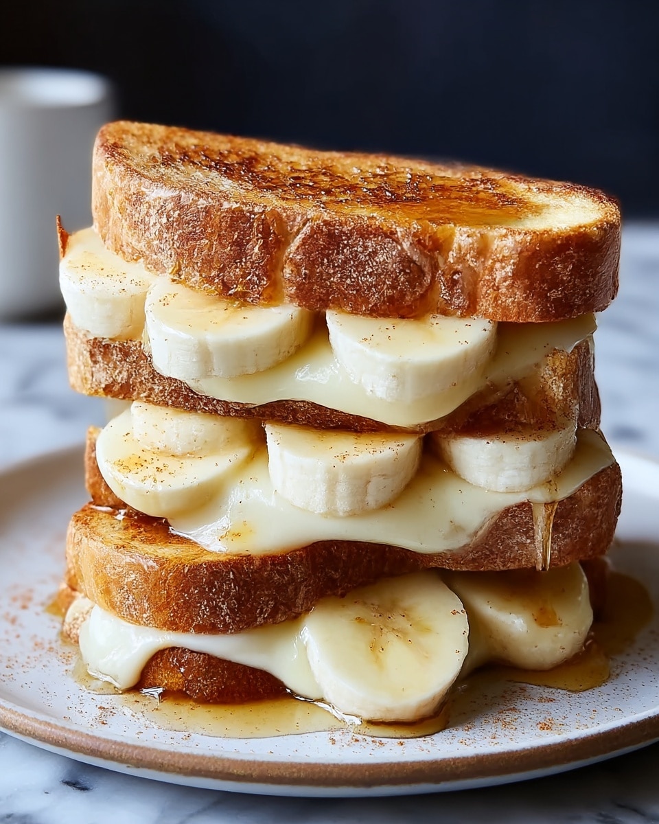 A double-layer grilled sandwich sits on a white plate with a slightly raised edge; each of the three bread slices is golden brown with a crispy, toasty texture. Between the bottom and middle bread slices, several thick slices of banana with a pale yellow color and smooth texture peek out from under melted, gooey white cheese that oozes slightly over the edges. The second layer repeats the banana slices and melted cheese between the middle and top bread slices. A drizzle of honey covers the sandwich, adding a shiny, sticky glaze, and a light sprinkle of cinnamon dusts the banana and cheese for extra color. The background is a white marbled surface. photo taken with an iphone --ar 4:5 --v 7