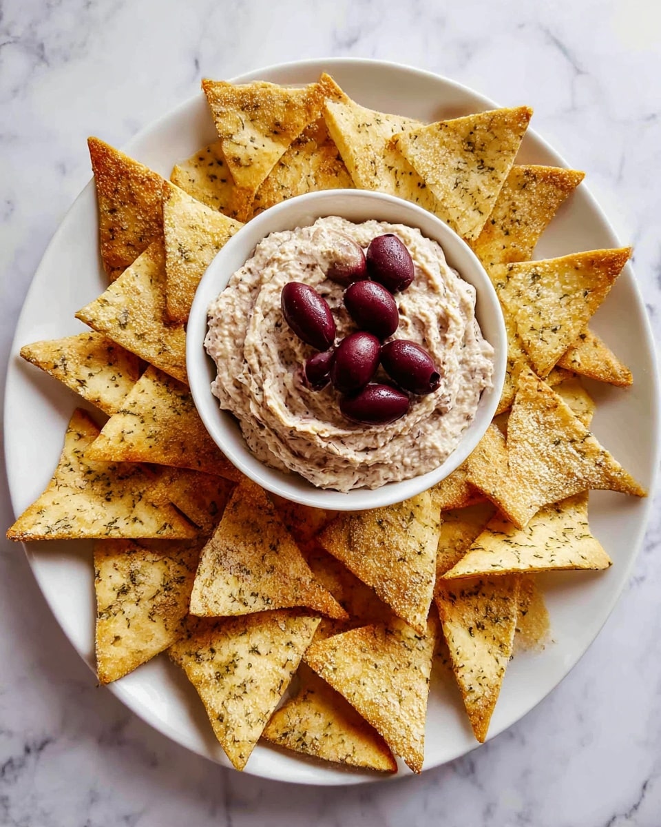 A white round plate is placed on a white marbled textured surface, filled with triangular pita chips arranged in a circular pattern around a small white bowl in the center. The chips are golden with green herb specks and a light grainy salt texture. Inside the bowl is a thick, creamy beige dip topped with dark purple halved olives neatly placed at the top. The dish contrasts the warm tones of the pita chips with the cool beige and dark purple of the dip and olives. Photo taken with an iphone --ar 4:5 --v 7
