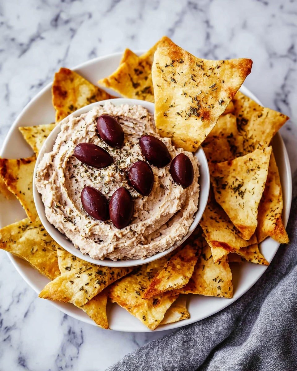 A white plate holds a bowl filled with a creamy, light brown spread, topped with several dark purple olive halves. Around the bowl, there are many crispy, baked flatbread chips, golden yellow with browned edges, sprinkled with herbs. One chip is placed upright into the bowl, adding height and texture contrast. The plate rests on a white marbled surface, and a grey cloth is partially visible on the side. photo taken with an iphone --ar 4:5 --v 7