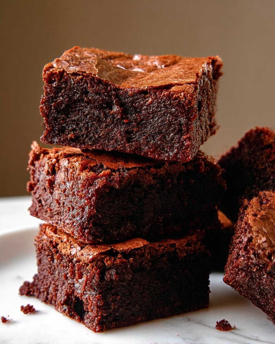 The image shows a close-up of four rich, dark brown brownies stacked on a white plate with a white marbled texture surface. The stack has three brownies with a dense, moist texture, and the top brownie shows a slightly cracked, shiny crust. Behind the stack, there is one brownie lying flat on the plate, highlighting its thick and fudgy interior. The brownies have crumbly edges and a deep chocolate color, with some crumbs scattered lightly on the plate. Photo taken with an iphone --ar 4:5 --v 7