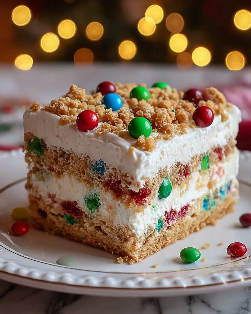 A slice of layered dessert featuring three main layers, the bottom and middle layers are crumbly light brown cookie or cake with colorful red, green, and blue candy pieces embedded inside. Between these crumbly layers is a thick white creamy layer full of more colorful candy pieces. The top layer is a smooth white frosting topped with a generous sprinkle of crumbly cookie pieces and scattered colorful candy balls. The dessert sits on a white plate with a decorative edge, placed on a white marbled surface with soft warm lights blurred in the background. photo taken with an iphone --ar 4:5 --v 7
