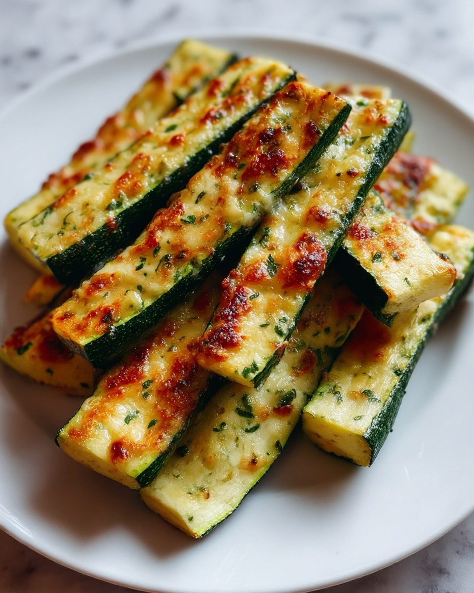 The image shows several pieces of zucchini cut into thick sticks, arranged in a pile on a white plate. Each zucchini stick has a green outer skin with a layer of melted, golden-brown cheese on top, speckled with herbs and small green bits. The cheese appears bubbly and slightly crispy, giving a textured look with some browned spots. The zucchini flesh is light yellow-green, contrasting with the darker green skin and the browned cheese crust. The plate sits on a white marbled textured surface. photo taken with an iphone --ar 4:5 --v 7