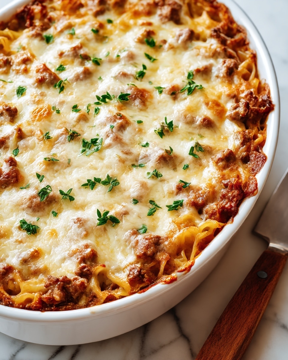 A close-up view of a baked casserole in a white oval dish shows a top layer of melted, golden-brown cheese sprinkled with small green herb leaves. Below the cheese, visible chunks of cooked ground meat mixed with soft, pale yellow pasta create a rich, textured second layer. The edges of the casserole have slightly browned cheese crust, indicating it has been baked until bubbly and crispy. The dish sits on a white marbled surface with a wooden-handled knife beside it. photo taken with an iphone --ar 4:5 --v 7