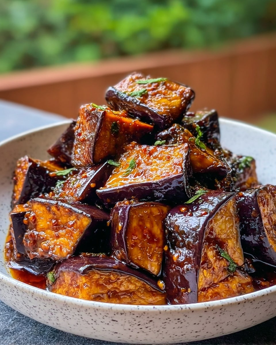 A bowl filled with several large chunks of cooked eggplant, each piece coated in a dark, glossy sauce that adds a rich shine. The eggplant pieces show a mix of deep purple skin and golden brown cooked flesh with a slightly caramelized texture. Small bits of green herbs are scattered on top, adding a touch of fresh color. The bowl is white with delicate gray speckles, and the background shows a blurred green and brown outdoor scene. The dish looks warm and savory, with a rustic and hearty appeal. photo taken with an iphone --ar 4:5 --v 7