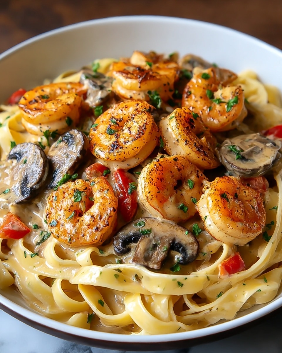 A close-up view of a pasta dish in a white bowl, showing creamy fettuccine noodles as the base layer, light yellow in color and coated with a thick sauce. On top of the noodles, there is a generous amount of sautéed shrimp, orange with hints of char and black pepper seasoning. Scattered among the shrimp are sliced mushrooms, dark brown with a shiny texture, and small pieces of red bell pepper adding a pop of color. The whole dish is sprinkled with fresh green parsley, adding a bright finish. The background is a white marbled texture, photo taken with an iphone --ar 4:5 --v 7