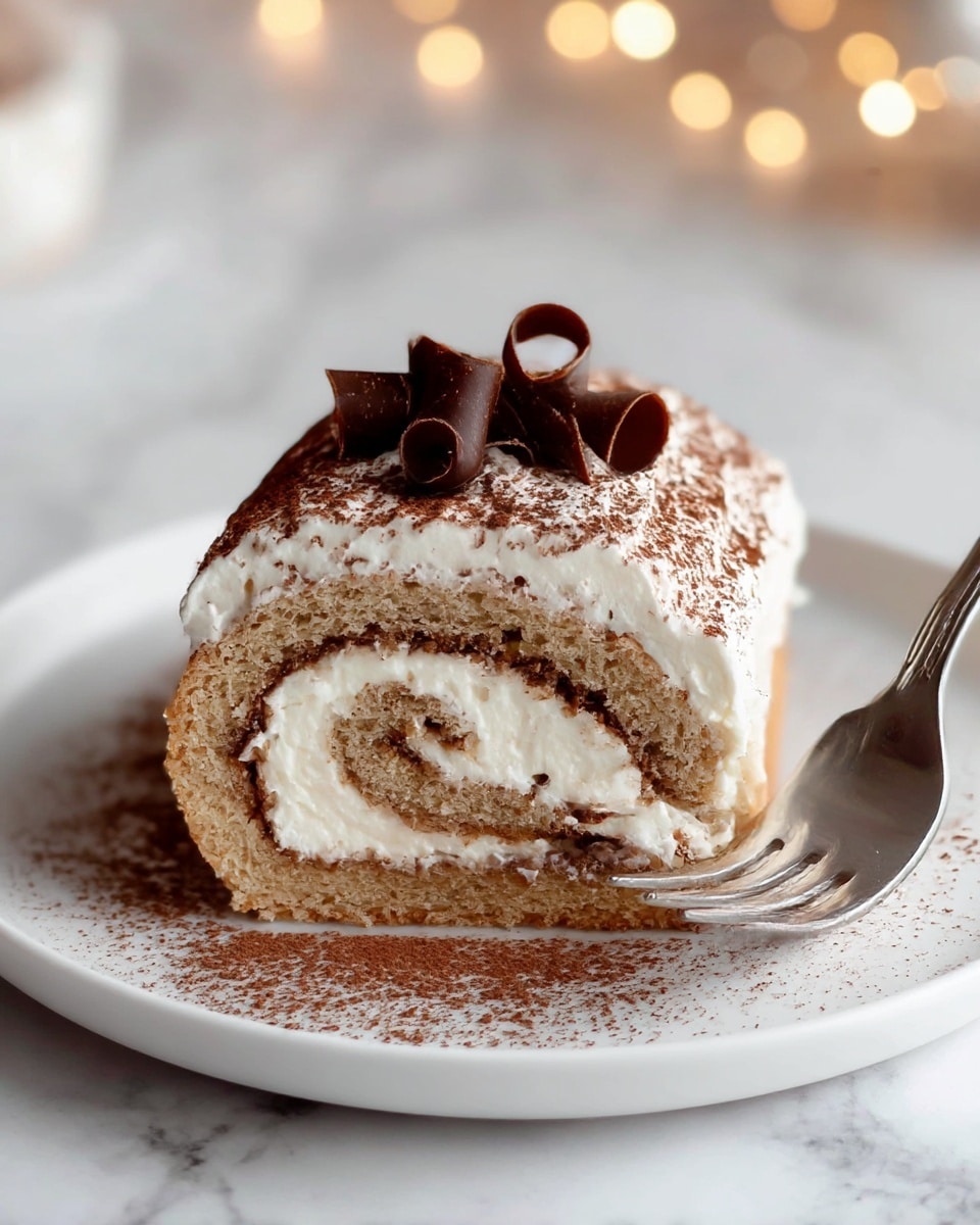 A slice of rolled cake sits on a white plate with a thin layer of cocoa powder sprinkled around its base. The bottom layer is a light brown sponge cake, topped with a thick layer of white creamy filling spiraled inside the rolled shape. On top, there is a smooth white frosting dusted lightly with cocoa powder, and two delicate dark chocolate curls rest near the center. A silver fork is gently pulling into the creamy top layer on the right side. The background has soft, blurred lights on a white marbled surface. Photo taken with an iphone --ar 4:5 --v 7