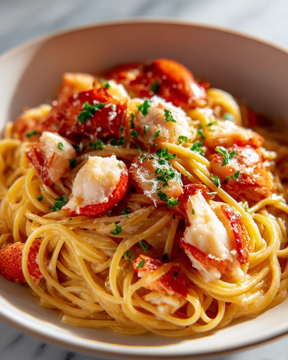A close-up view of a bowl filled with creamy spaghetti pasta mixed with chunks of bright red lobster meat and lobster claws on top, with small pieces of fresh green parsley sprinkled over the dish for color contrast. The pasta is golden yellow and glossy, looking soft and well-coated with sauce, while the lobster pieces have a rough texture with white and red sections. The bowl is white and sits on a white marbled surface, with warm natural light shining on the dish, highlighting the rich colors and textures. Photo taken with an iphone --ar 4:5 --v 7