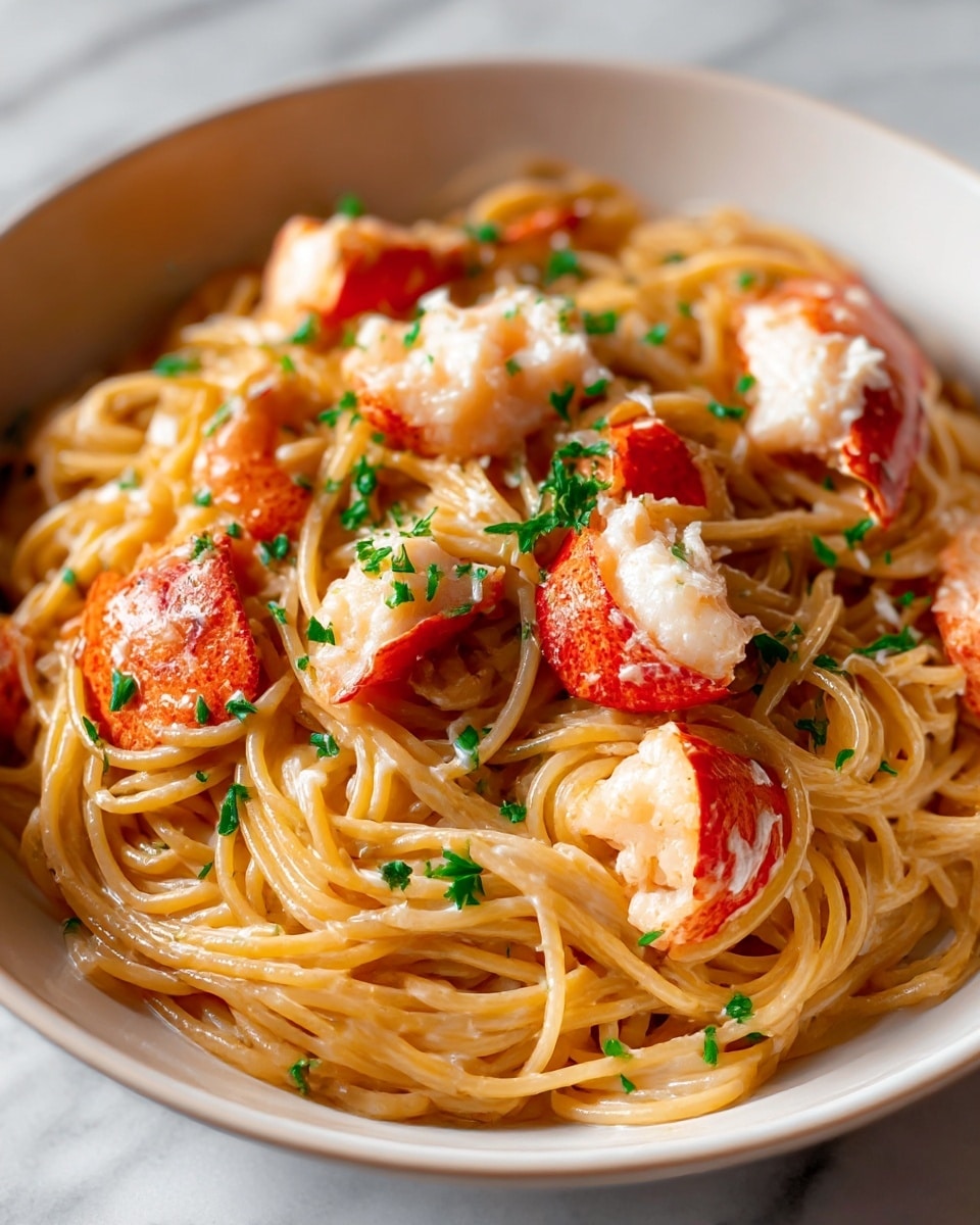 A white bowl filled with a creamy pasta dish, featuring a base layer of light golden spaghetti noodles coated in a glossy sauce. Scattered throughout the noodles are several chunks of bright red lobster meat, some with white creamy sauce on top, creating a contrast against the pasta. Small bits of fresh green parsley are sprinkled evenly over the pasta and lobster, adding a pop of color. The texture of the pasta appears smooth and slightly shiny, while the lobster pieces look tender and juicy. The overall presentation is warm and inviting, set against a white marbled surface. photo taken with an iphone --ar 4:5 --v 7