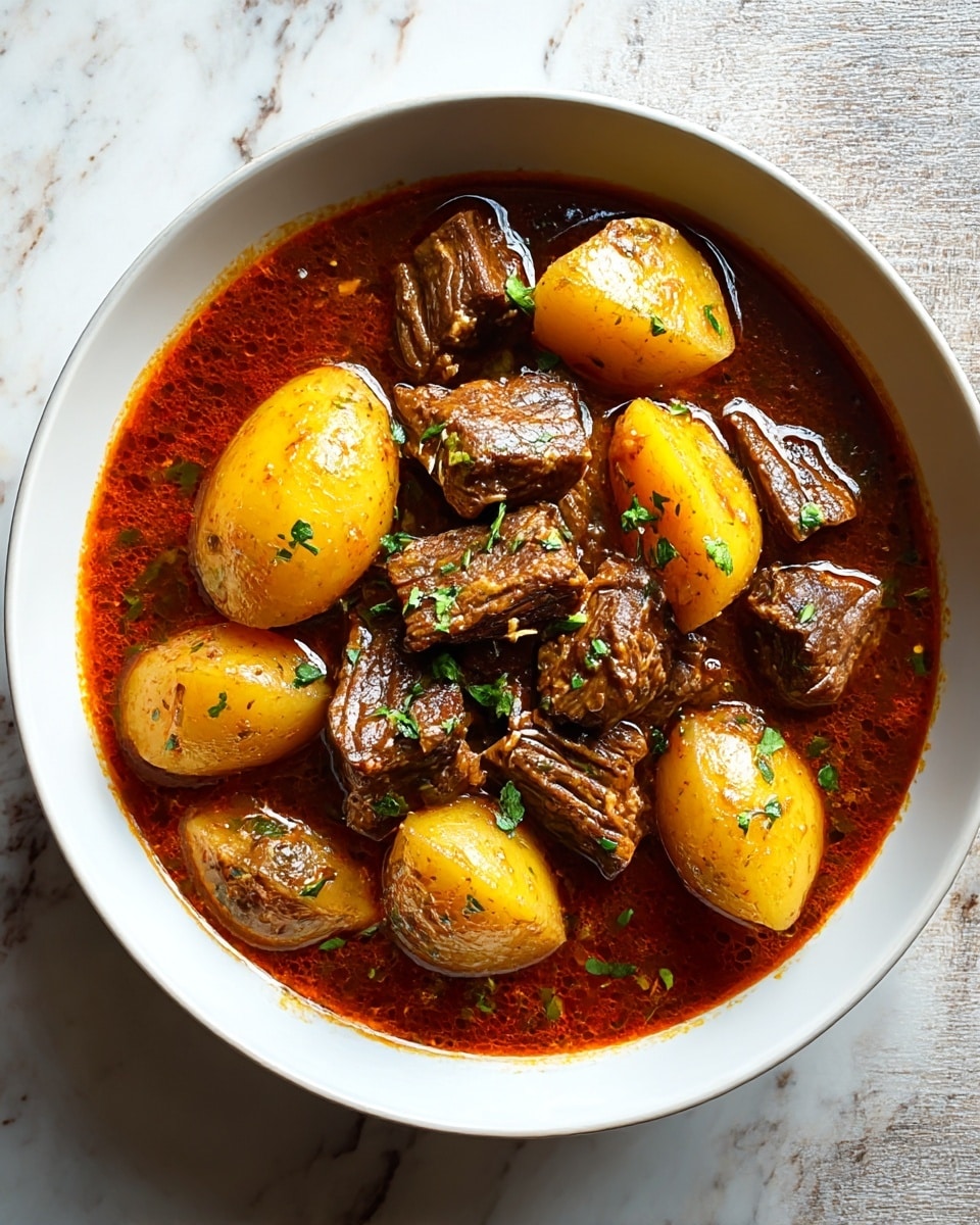 A white bowl holds a stew with a rich, deep reddish-brown sauce. The dish shows two main layers: chunky pieces of dark brown cooked beef scattered unevenly across the bowl and large yellowish potato halves with soft texture, some cut side up and some cut side down. Small green herb pieces are sprinkled lightly over the top, adding hints of color against the warm sauce. The stew looks thick and glossy, pooling around the solid ingredients. The bowl rests on a white marbled surface. photo taken with an iphone --ar 4:5 --v 7