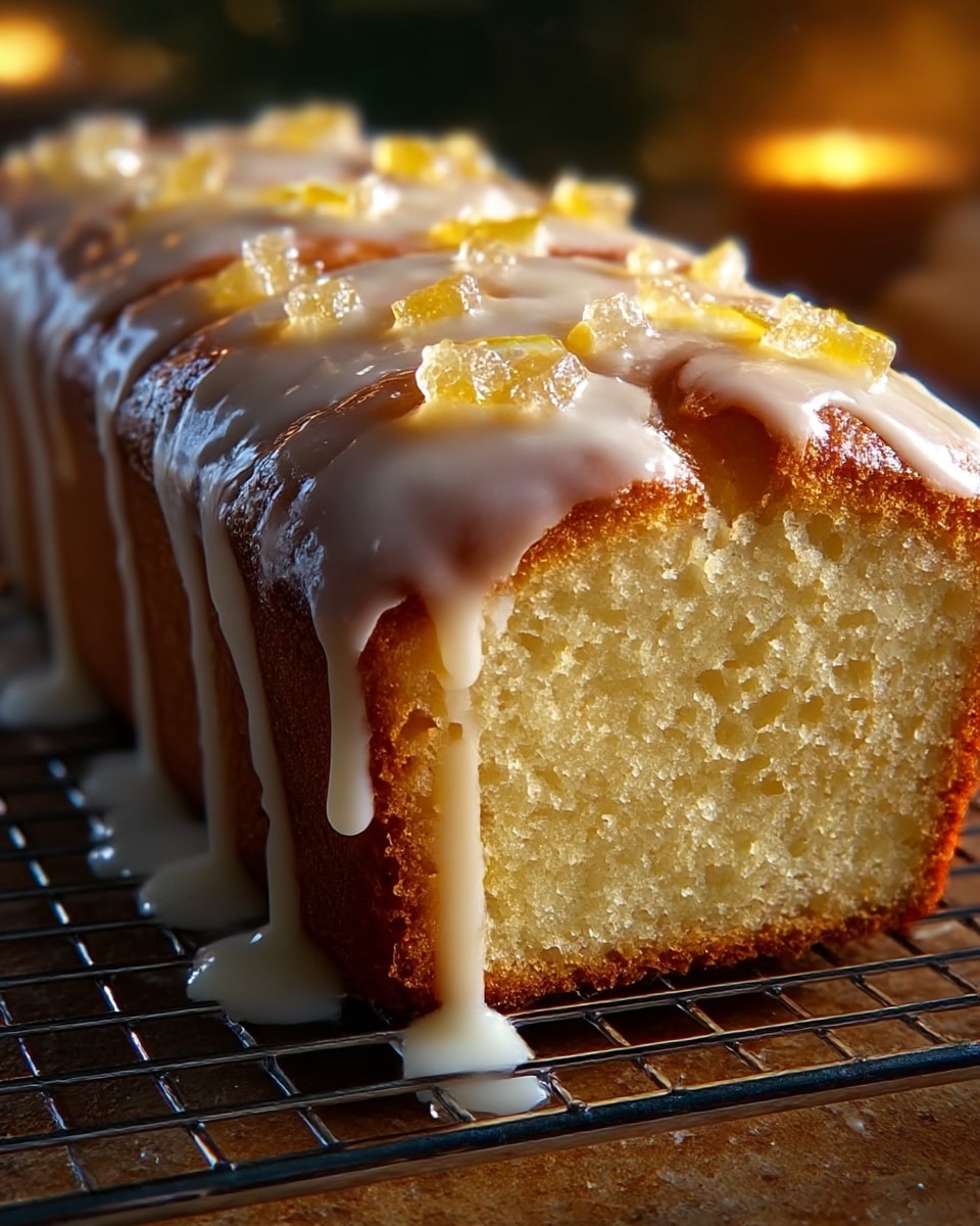 The image shows a close-up of a golden-brown loaf cake with a smooth white glaze dripping down the sides. The cake is sliced partially, revealing a soft, light yellow inside with a layer of white glaze between the slices. The top is decorated with a translucent glaze and small pieces of crystallized sugar, adding a shiny and textured look. The cake sits on a metal cooling rack with a blurred background and warm light enhancing its rich colors. photo taken with an iphone --ar 4:5 --v 7