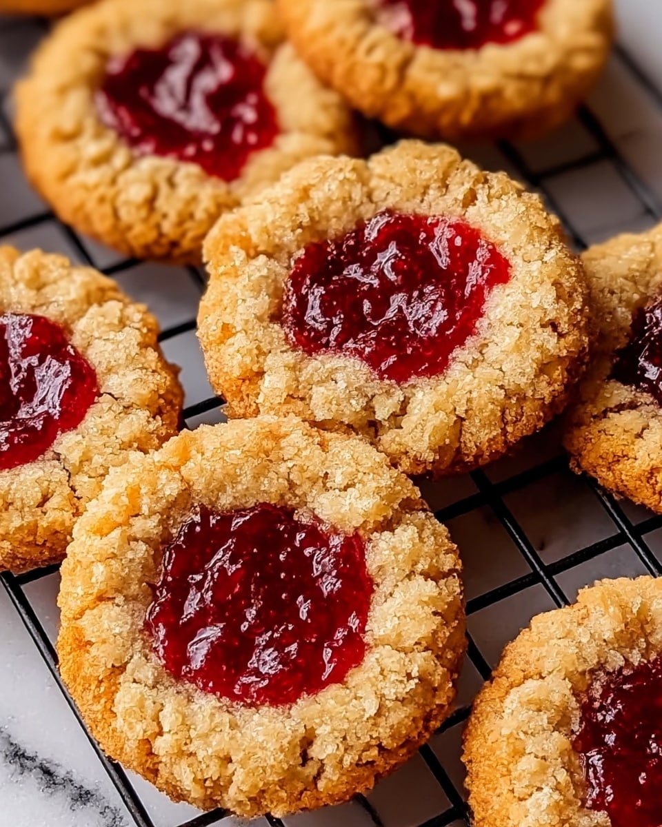 The image shows round cookies with three layers: a crumbly golden-brown outer crust, a middle layer of slightly lighter crumb topping, and a center filled with glossy red jam that looks thick and slightly chunky. The cookies have a rough, textured surface with crumbs scattered over the jam, giving a homemade, rustic look. They are placed closely together on a black wire cooling rack, and the background is a white marbled surface. photo taken with an iphone --ar 4:5 --v 7