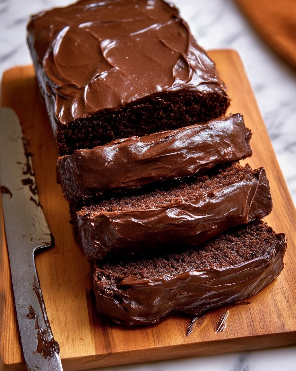 This image shows a loaf-shaped chocolate cake with thick, glossy chocolate frosting spread unevenly on top and sides. The cake is sliced into four pieces, with each slice revealing a moist, dense, dark brown chocolate interior under a smooth, rich layer of frosting. The slices are stacked slightly overlapping on a wooden cutting board with visible grain, alongside a metal knife smeared with chocolate. The background is replaced with a white marbled texture. photo taken with an iphone --ar 4:5 --v 7