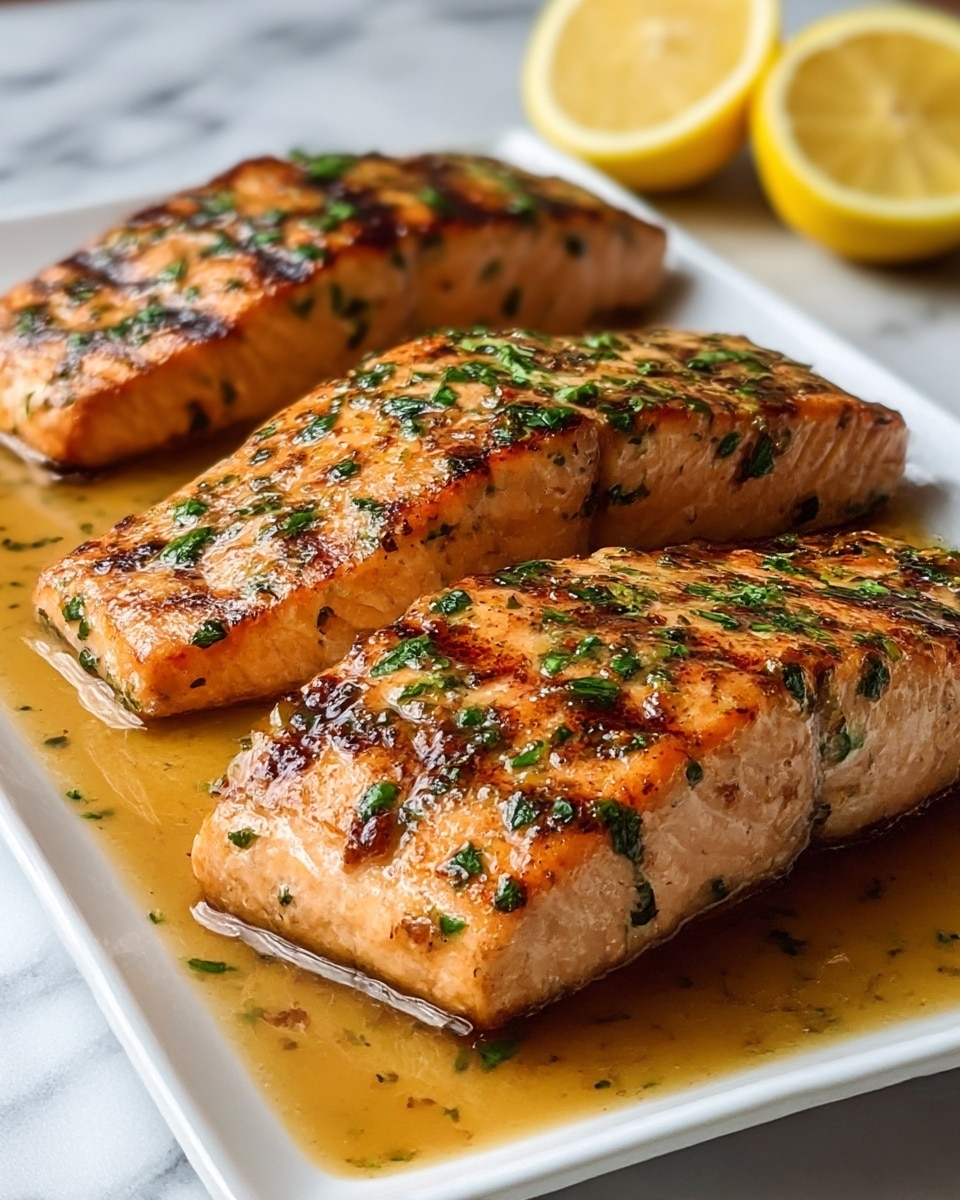The image shows three thick, cooked salmon fillets placed on a white rectangular plate, each fillet showing a golden-brown crust with dark grill marks and bits of green herbs sprinkled on top. The salmon has a shiny, slightly oily surface, and is sitting in a light brown sauce that pools around the base of the fillets. In the background, there are two lemon halves and a lemon wedge positioned behind the fillets, adding a splash of yellow color to the scene. The plate rests on a surface with a white marbled texture. photo taken with an iphone --ar 4:5 --v 7