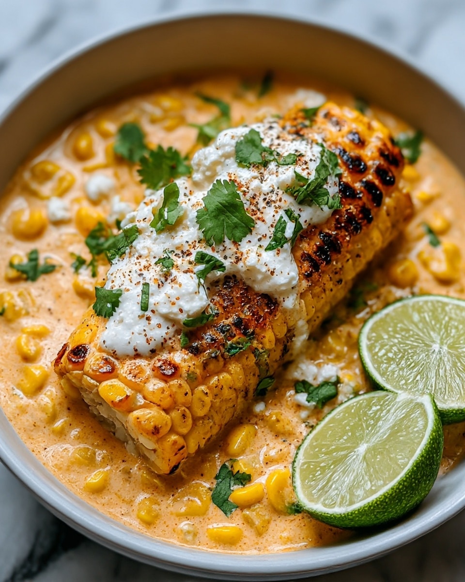 The dish shows a bowl filled with creamy corn, bright yellow corn kernels mixed in a thick, light orange cream. On top, there is a piece of golden-brown grilled corn covered with the same orange creamy sauce and topped with a dollop of white cottage cheese sprinkled with black pepper and green cilantro leaves. Two lime wedges with a shiny green and white rind rest on the side of the bowl. The bowl is white, sitting on a white marbled surface. The dish looks rich, colorful, and fresh with a mix of smooth cream and textured corn kernels. photo taken with an iphone --ar 4:5 --v 7