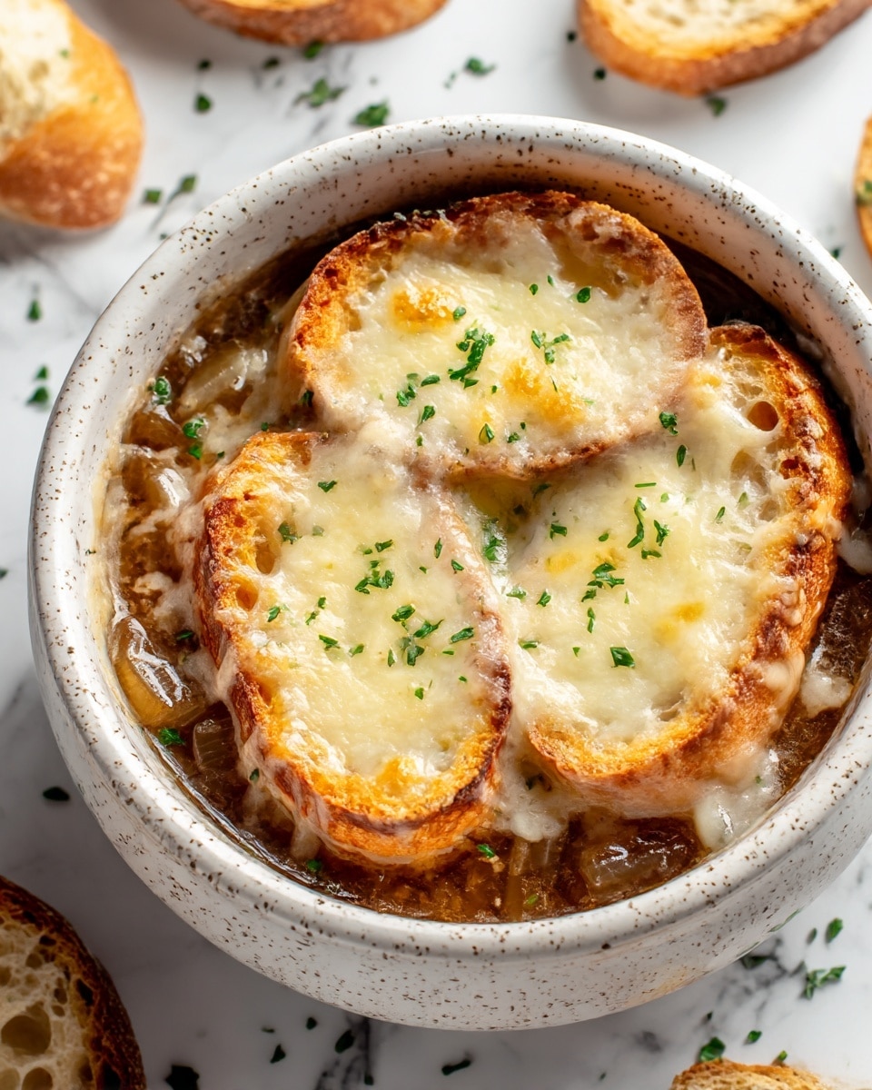 A white speckled bowl filled with French onion soup, showing three slices of toasted bread on top with a golden melted cheese layer that is bubbly and slightly browned on the edges. The soup underneath is dark brown with visible onion pieces, peeking around the bread. Small bits of chopped green herbs are sprinkled evenly over the cheese and around the bowl rim. The bowl sits on a white marbled surface with scattered bread slices and more herbs nearby, adding texture and context to the scene. photo taken with an iphone --ar 4:5 --v 7