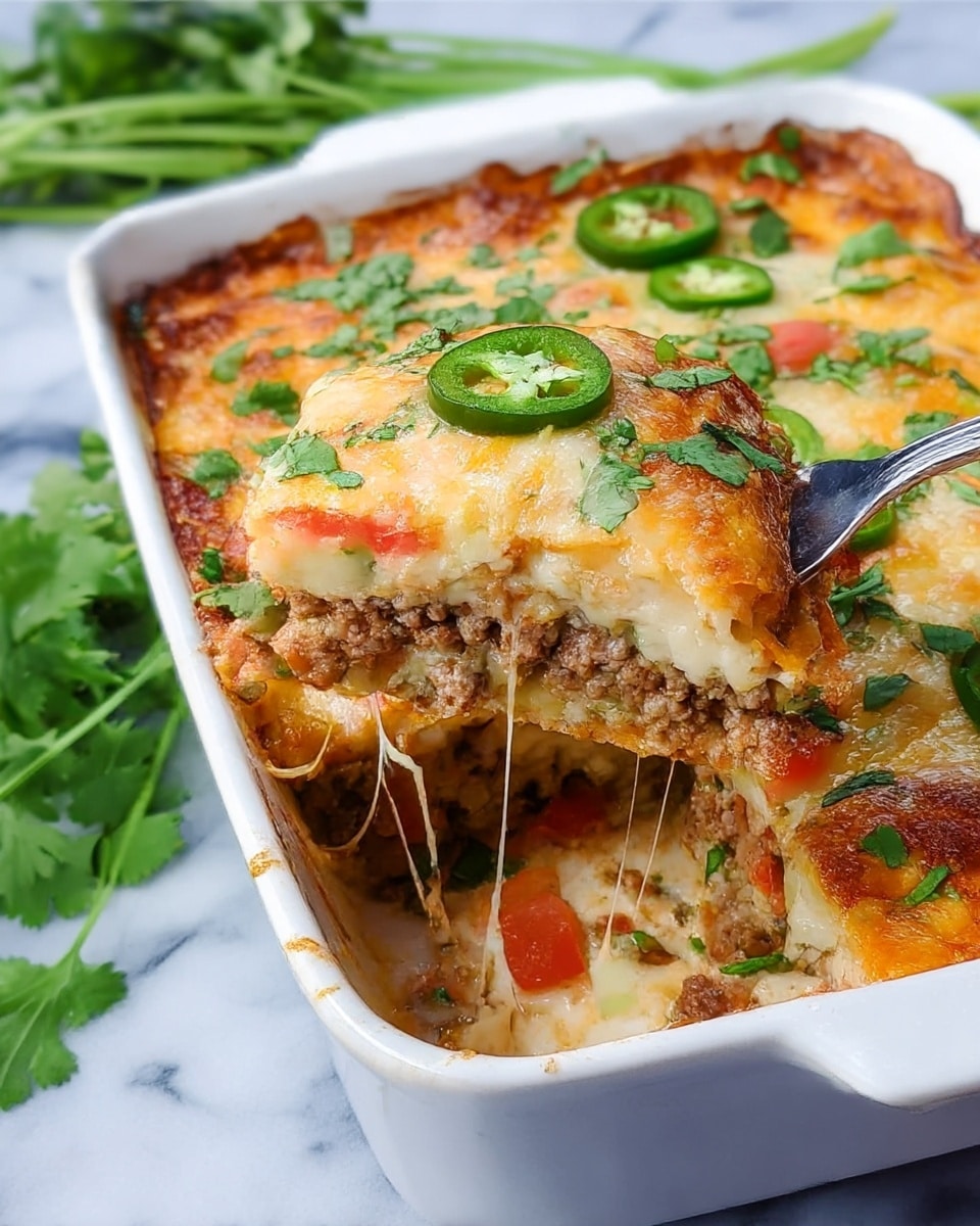 A close-up view shows a white rectangular casserole dish filled with a layered baked cheesy dish. The top layer is browned and bubbly melted cheese with some spots more golden, sprinkled with fresh green cilantro and sliced green jalapeno peppers. A fork lifting a section reveals three visible layers: the top layer of melted cheese, a middle layer of ground meat mixed with diced tomatoes, and a bottom layer of creamy sauce and possibly tortillas or pasta. The textures range from gooey, melted cheese to moist meats and soft sauce, with shredded cheese strings stretching between the fork and the dish. The dish sits on a white marbled surface, with some fresh green cilantro stems visible in the background. Photo taken with an iphone --ar 4:5 --v 7