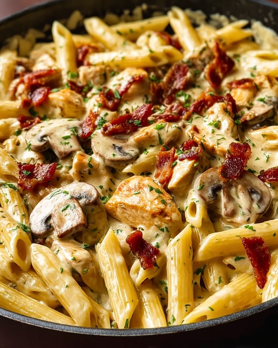 A close-up view of a creamy pasta dish in a black pan, showing three main layers: the bottom layer is penne pasta with a smooth pale yellow color, coated evenly in creamy white sauce; the middle layer has chunks of browned chicken and light tan mushroom slices scattered throughout; the top layer features bits of crispy reddish-brown bacon and finely chopped green herbs sprinkled around, adding color contrast on top of the creamy mixture; the whole dish looks rich and hearty with slightly glossy textures. Photo taken with an iphone --ar 4:5 --v 7