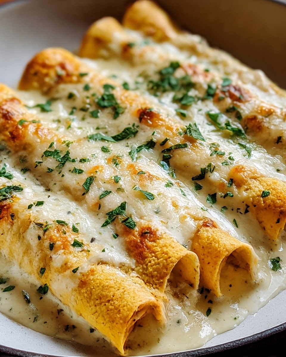 A close-up view of four rolled enchiladas placed side by side in a white plate, each tube showing a golden-yellow soft tortilla base soaked slightly with creamy white cheese sauce spread thickly over the top, melted and bubbling with browned spots. Scattered finely chopped bright green herbs add a fresh touch on the smooth, velvety cheese layer. The tortillas have a slightly textured surface and are covered generously with the creamy sauce that pools slightly at the edges. Photo taken with an iphone --ar 4:5 --v 7