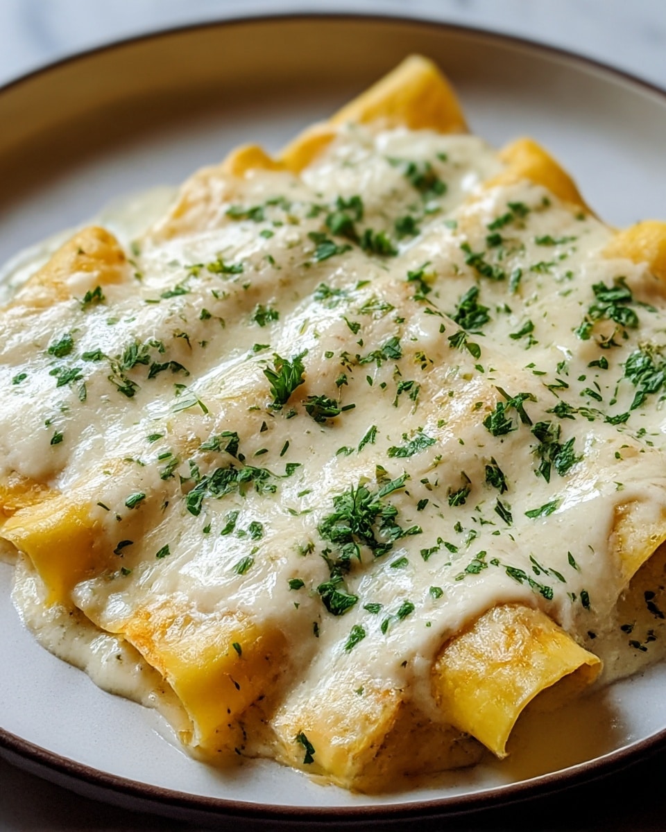 The dish shows four rolled yellow pasta tubes lined side by side on a white plate, each topped with a thick layer of creamy white cheese sauce that is melted and slightly browned in spots, creating a smooth and shiny texture. Finely chopped green herbs are sprinkled evenly across the cheese layer, adding a pop of color and freshness. The edges of the pasta are slightly visible under the sauce, showing a soft and tender texture. The plate sits on a white marbled surface. photo taken with an iphone --ar 4:5 --v 7