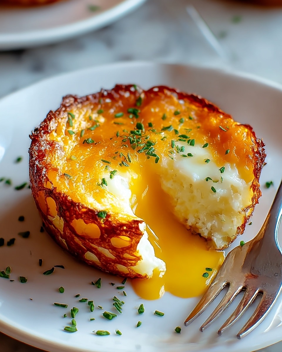 A round, deep-dish egg bite with a golden, crispy outer layer forming a lacy crust around the edges. Inside, there are fluffy white egg whites on the bottom and sides, topped with a melted, slightly browned layer of cheddar cheese that has a rich orange color and smooth texture. The soft yolk center is slightly broken, leaking a bright yellow, creamy liquid. Scattered finely chopped green herbs sit on top and around the dish. The egg bite rests on a plain white plate over a white marbled surface, with a silver fork beside it, photo taken with an iphone --ar 4:5 --v 7