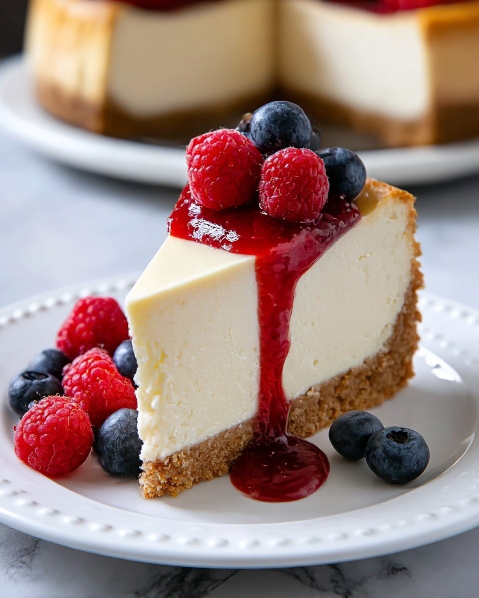 A slice of cheesecake with three visible layers is placed on a white plate with a dotted edge. The bottom layer is a crumbly, light brown biscuit crust. The middle layer is thick, smooth, and creamy white cheesecake. The top layer is a shiny red berry sauce that drips down the side of the cheesecake. On top of the sauce, there are several fresh raspberries and blueberries, with more raspberries and blueberries scattered on the plate beside the cheesecake. The background is a white marbled texture with a blurred larger cheesecake in the back. Photo taken with an iphone --ar 4:5 --v 7