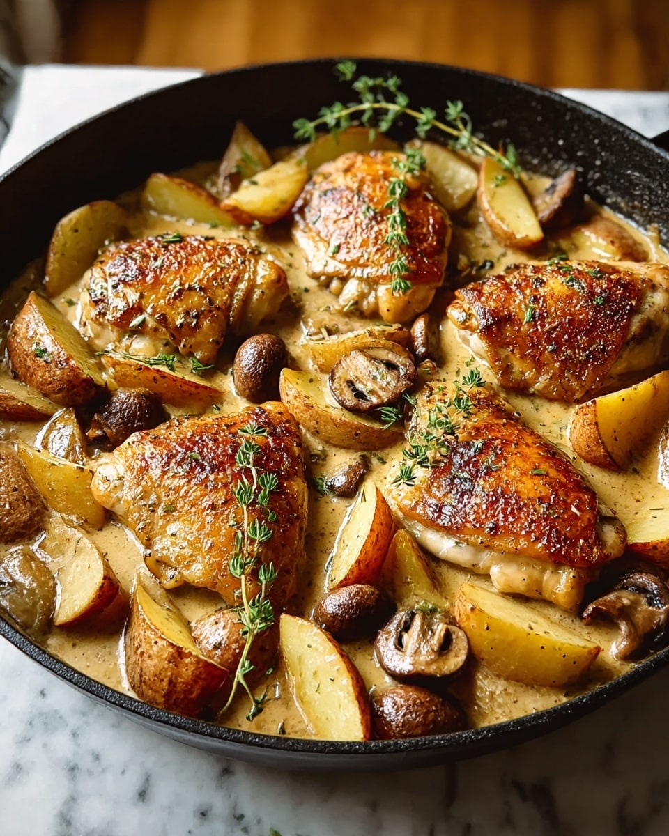 A black pan filled with six golden-brown, crispy chicken thighs sitting in a creamy light brown sauce, surrounded by roasted potato wedges and small brown mushrooms. The chicken skin has a crunchy texture with visible seasoning, while the potatoes have a slightly charred edge. Fresh green thyme sprigs are placed on top, adding a touch of color, all resting inside the pan which is on a white marbled surface. Photo taken with an iphone --ar 4:5 --v 7