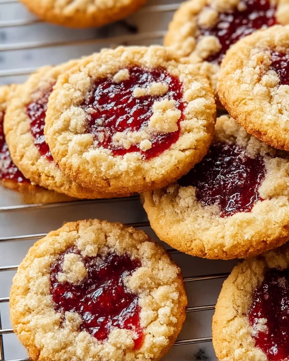 A close-up view of several round cookies stacked on a metal wire rack, each cookie having two visible layers: a golden-brown crumbly base and a middle red jam filling with a shiny, slightly sticky texture. The top layer is a light beige crumbly streusel arranged unevenly across the jam, giving a rough texture with small clumps. The cookies are tightly packed, showing their uneven edges and textured surfaces against a white marbled background. photo taken with an iphone --ar 4:5 --v 7