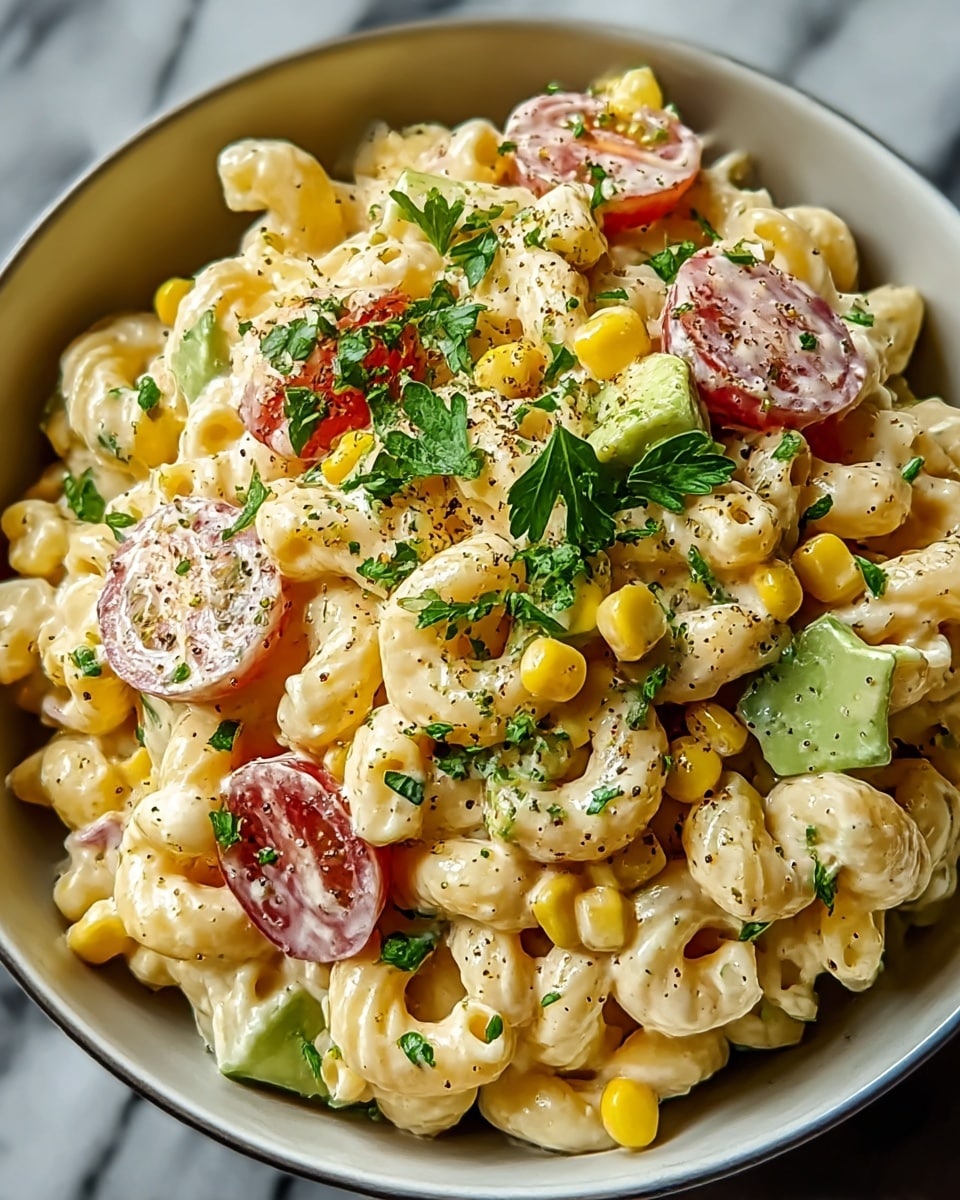 A bowl of creamy macaroni salad in a white bowl sits on a white marbled surface, showing three main layers: the base layer of soft, curly, pale yellow macaroni pasta, coated with a creamy, light beige dressing; mixed into the pasta are bright yellow corn kernels and small, smooth green avocado chunks adding pops of color; scattered red grape tomato halves add a juicy, shiny red layer, all topped with fresh, dark green parsley leaves and a light sprinkle of coarse black pepper for texture and contrast. photo taken with an iphone --ar 4:5 --v 7