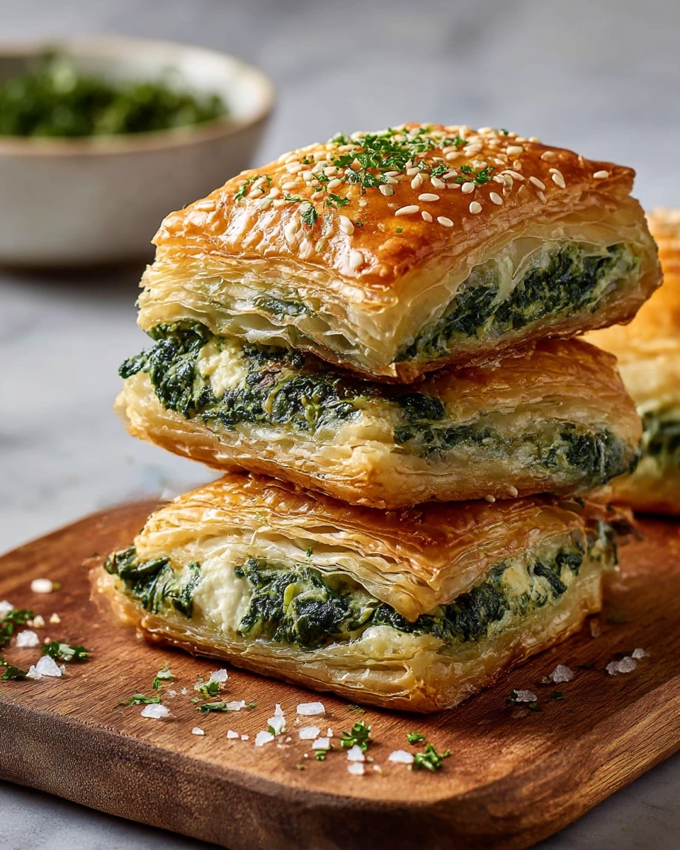 Three square pieces of golden puff pastry filled with a green spinach mixture and white cheese are stacked on top of each other on a wooden board. The top pastry is sprinkled with sesame seeds and chopped green herbs. Each pastry has multiple flaky layers with a shiny, crispy surface. Small green herb bits and white salt grains are scattered on the wooden board around the pastries. The background shows a blurred bowl with green herbs on a white marbled texture. photo taken with an iphone --ar 4:5 --v 7