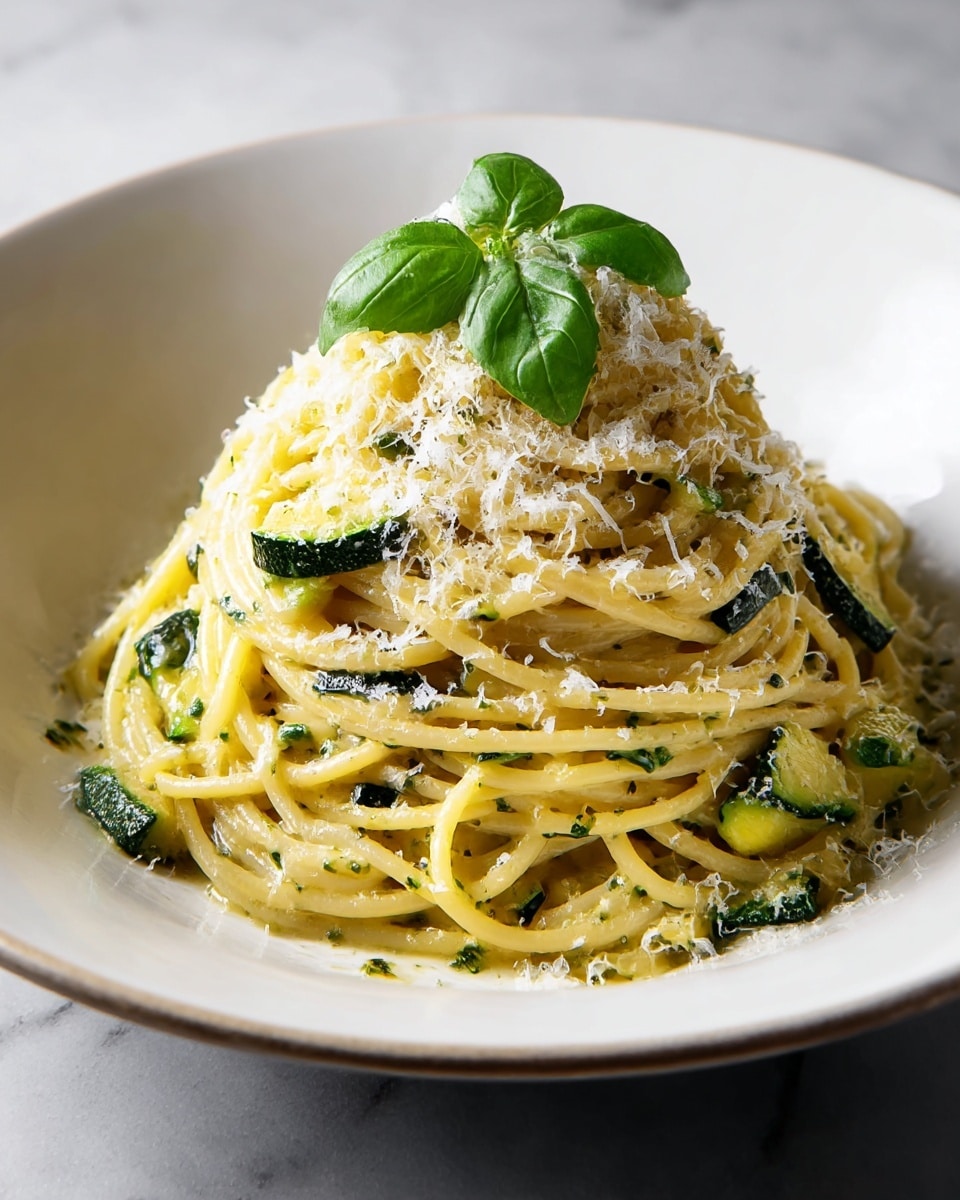 A white deep plate holds a mound of spaghetti mixed with small green zucchini slices, coated in a light sauce with bits of green herbs throughout. The pasta is layered thickly in a soft yellow color, with the zucchini adding spots of dark and light green, some lightly browned. On top, there is a sprinkle of finely grated white cheese, giving a soft texture over the noodles, and three fresh green basil leaves sit at the peak of the pile. The scene is set on a white marbled surface. photo taken with an iphone --ar 4:5 --v 7