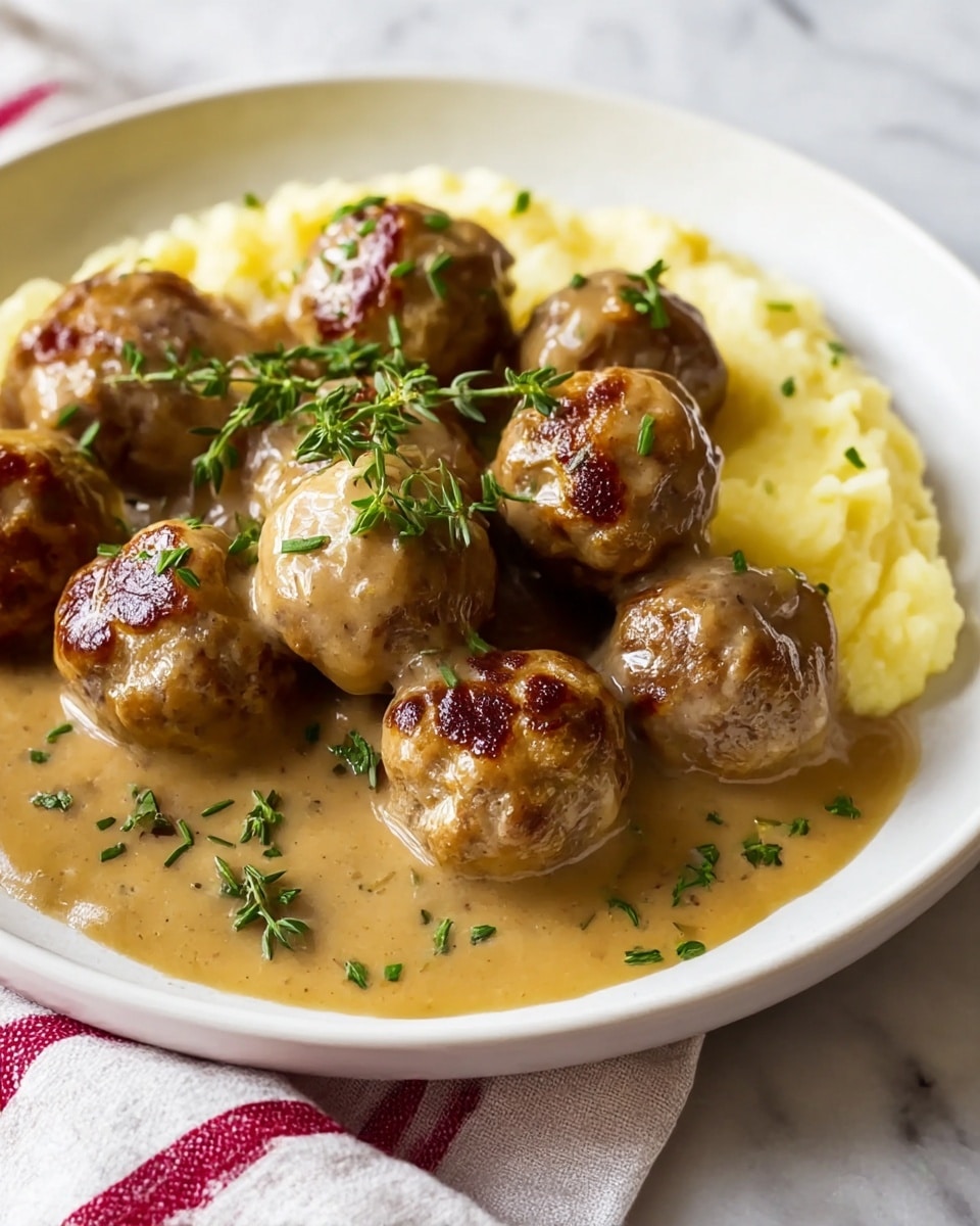 The image shows a white plate with a serving of round, golden-brown meatballs covered in a smooth, light brown gravy, arranged mainly in the front and center of the plate. The meatballs have a slightly crispy texture on top with some darker brown spots. Bright green herb sprigs and small chopped green herbs are sprinkled on and around the meatballs. Behind the meatballs, there is a soft, creamy yellow layer of mashed potatoes spreading out toward the back of the plate. The plate sits on a white marbled surface with a white and red striped cloth partially visible underneath. photo taken with an iphone --ar 4:5 --v 7