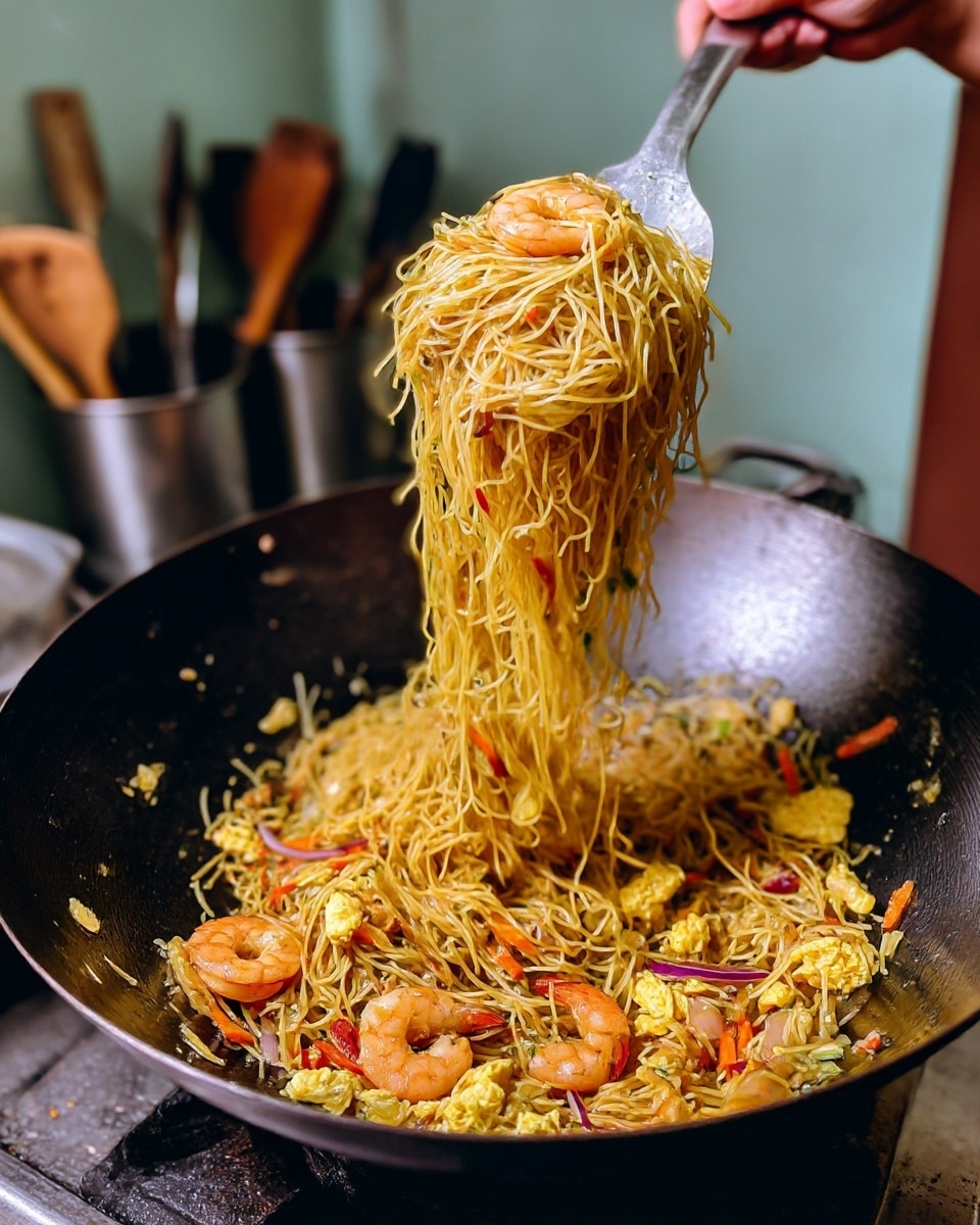 The image shows a large black wok filled with thin yellow noodles mixed with small pieces of cooked shrimp, light golden scrambled eggs, thin orange carrot strips, and purple-red onion slices. A woman's hand is holding a silver spatula lifting a heap of noodles above the wok. The noodles appear soft and slightly oily, with a mix of colors from the vegetables and shrimp adding texture and contrast. The background includes blurred kitchen utensils, and the setting has a simple, practical look. photo taken with an iphone --ar 4:5 --v 7