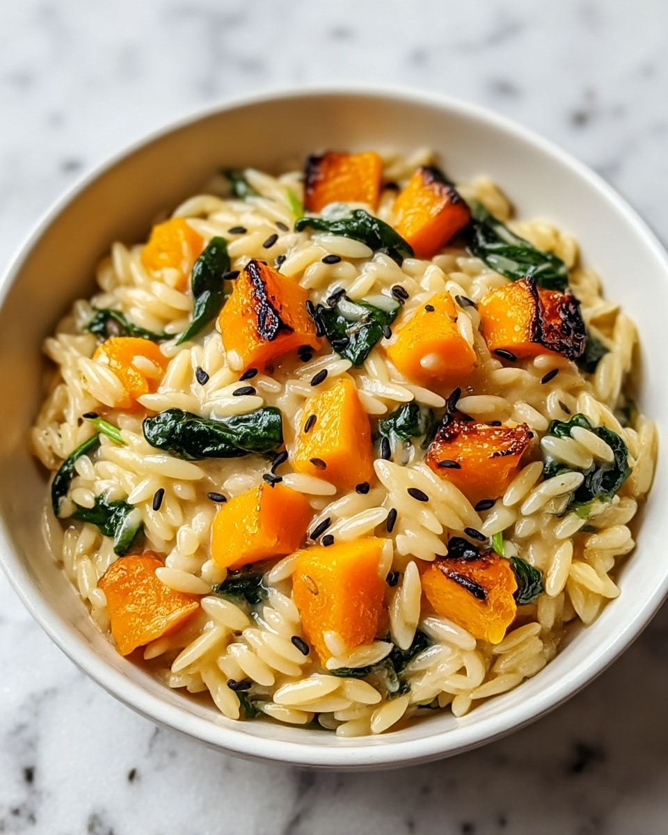 A white bowl filled with a creamy orzo pasta base that is light beige and slightly glossy. Mixed throughout the pasta are bright orange, small roasted pumpkin cubes with slightly charred edges adding a rich texture. Interspersed are dark green wilted spinach leaves that add a fresh and soft layer. Small black sesame seeds are sprinkled evenly over the top. The bowl rests on a white marbled surface. photo taken with an iphone --ar 4:5 --v 7
