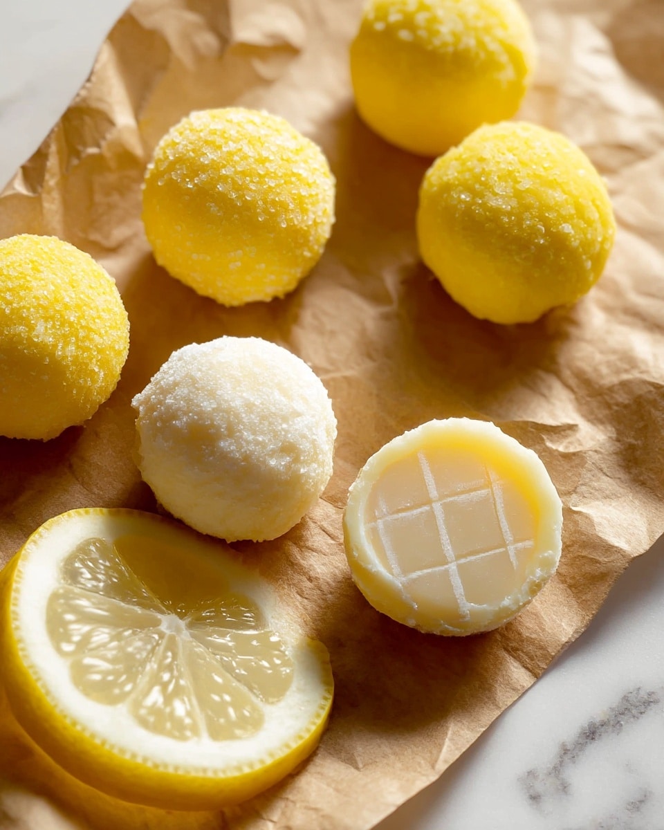 The image shows six round lemon candies arranged on crinkled brown paper over a white marbled surface. Three candies are bright yellow and covered with small sugar crystals, giving them a rough texture. Two candies are pale yellow with a powdery white coating that looks soft and smooth. One candy is cut in half, showing a smooth inner layer that is pale yellow with a faint grid pattern across it. A fresh lemon slice, showing its light yellow flesh and rind, is placed near the candies. The whole setup is brightly lit, emphasizing the colors and textures of the candies and lemon slice. photo taken with an iphone --ar 4:5 --v 7