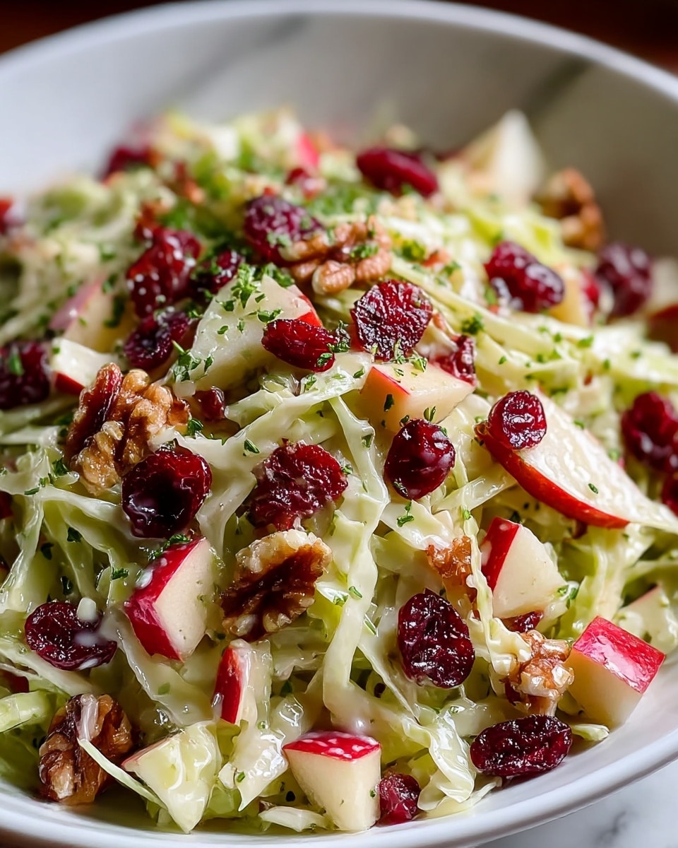 The image shows a close-up of a creamy salad served in a white bowl. The salad is made of finely shredded pale green cabbage mixed with small, square pieces of red-skinned apple and dried dark red cranberries scattered throughout. Bright green herb bits are sprinkled on top, adding a fresh look. The creamy dressing lightly coats the ingredients giving a glossy texture. The bowl sits on a white marbled surface with blurred red apples in the background. photo taken with an iphone --ar 4:5 --v 7