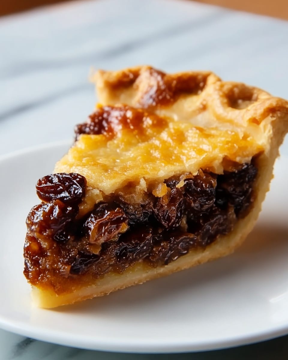 A close-up image of one slice of pie on a white square plate set on a white marbled surface. The pie has two layers: the bottom layer is a golden brown flaky crust, and the top layer is a thick, slightly cracked golden crust with a rough texture. Between the crust layers is a rich filling made up of dark brown, shiny cooked raisins and small bits of lighter dried fruit, giving a sticky, juicy look. The edge of the crust is crimped and browned more deeply, adding texture and color contrast to the pie slice. Photo taken with an iphone --ar 4:5 --v 7
