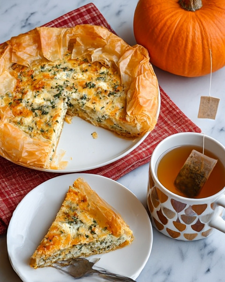 The image shows a round, rustic pie with a golden, flaky phyllo crust that is thick and crumpled around the edges. The pie filling has three visible layers: the bottom layer is bright orange, smooth and dense, likely pumpkin or squash; the middle layer is creamy white, soft and thick; the top layer is lightly speckled yellow with green herbs and browned bits, giving a textured look. A slice has been cut out, revealing these layers clearly. The pie sits on a white plate with some crust flakes scattered around on the plate. The scene is set on a white marbled surface with a red and white checkered cloth underneath the plate and a pumpkin in the background. A woman's hand is lightly touching the pie’s edge, and a white plate with a slice of pie and silver fork is blurred in the back. Photo taken with an iphone --ar 4:5 --v 7