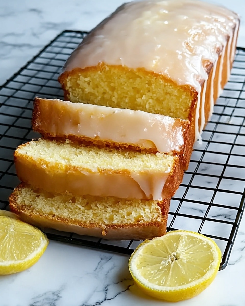 The image shows a sliced lemon loaf cake sitting on a black cooling rack placed on a white marbled texture. The cake has two visible layers of soft, light yellow crumb with a slightly darker brown crust around the edges. The top layer is covered with a smooth, glossy, light cream-colored glaze that appears a bit thick and drips slightly down the sides. Next to the cake, there are two lemon halves with bright yellow skin and pale, juicy pulp, placed directly on the white marbled texture. Photo taken with an iphone --ar 4:5 --v 7