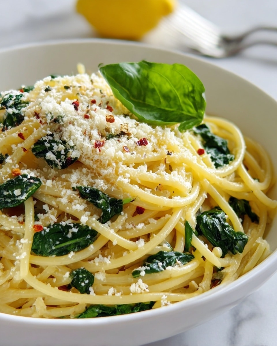 A close-up view of a white bowl filled with spaghetti pasta, showing about three main layers: the base layer with smooth, creamy yellow spaghetti strands, the middle layer with bright green wilted spinach leaves scattered throughout, and the top layer sprinkled with grated white cheese and bits of crushed red pepper flakes and black pepper. A fresh green basil leaf rests near the center. The bowl is placed on a white marbled surface, with a blurred lemon and silver fork set in the background. Photo taken with an iphone --ar 4:5 --v 7