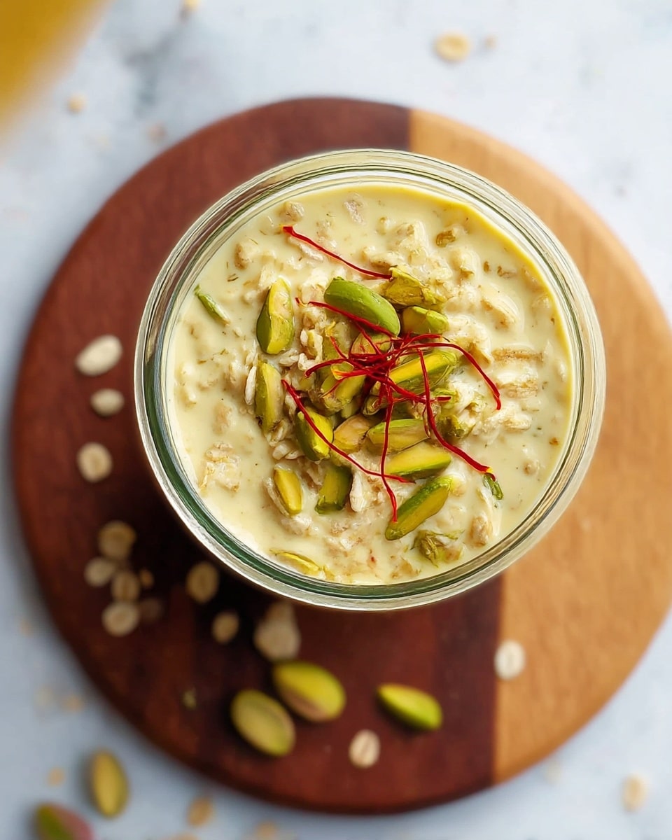 A close-up top view of a glass jar filled with a creamy, pale yellow mixture that looks like soaked oats in milk. The mixture contains soft oats and is topped with thin, bright green slivers of pistachio nuts and a few thin strands of saffron that add thin bright red accents. The jar rests on a round dark wooden board placed on a white marbled surface, with some scattered oat flakes and pistachio pieces around the board. photo taken with an iphone --ar 4:5 --v 7